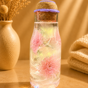 Herbarium Olea avec chrysanthèmes japonais roses stabilisés et feuillages délicats blancs dans un flacon en verre artisanal – création Lyséa