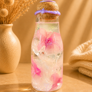 Herbarium Olea avec orchidées roses stabilisées et feuillages délicats blancs dans un flacon en verre artisanal – création Lyséa